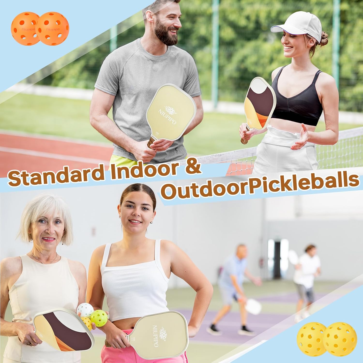 niupipo Pickleball Paddles Set of 2 or 4, USAPA Approved Fiberglass Pickleball Paddle Set with Balls and Bag, Polypropylene Honeycomb Core