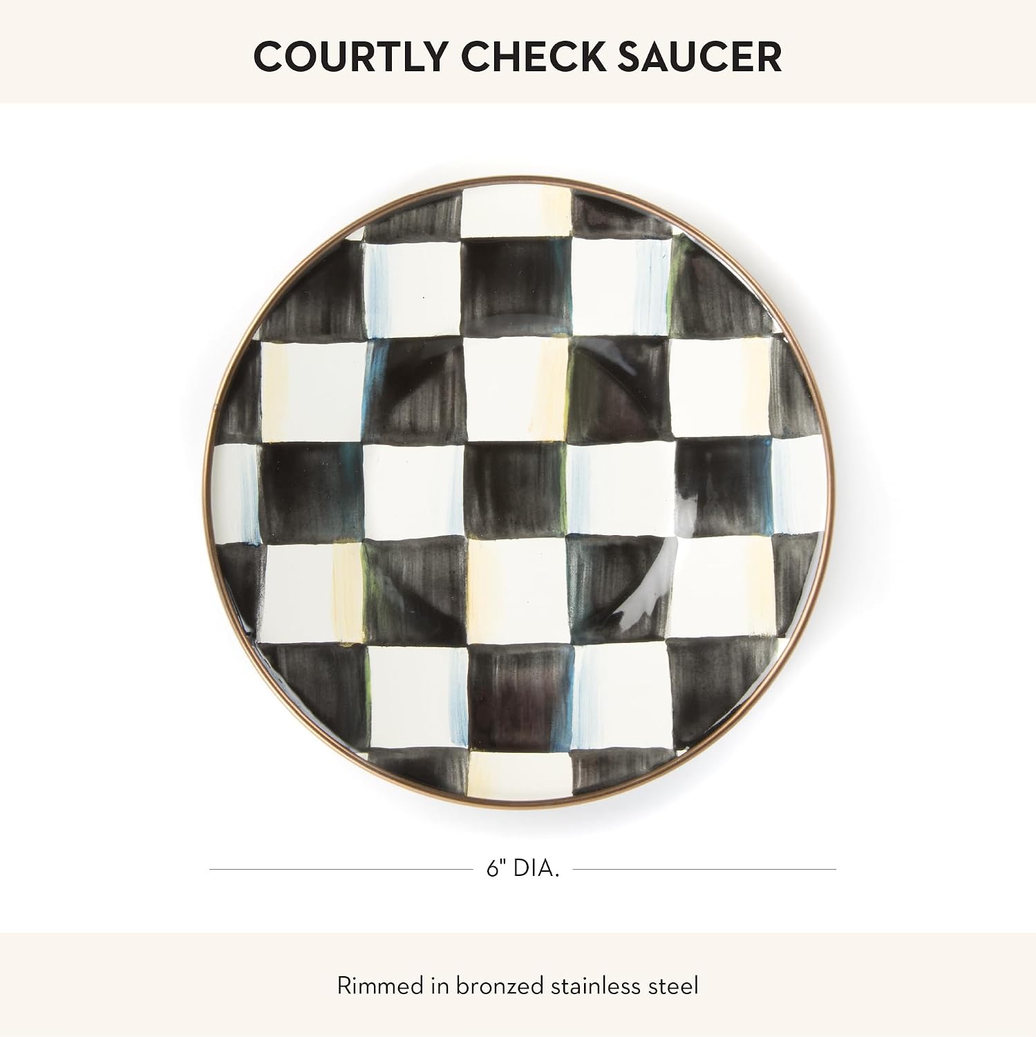 MACKENZIE-CHILDS Enamel Saucer, Black-and-White Courtly Check | Hand-painted design, made from enameled steel, small plate for a coffee cup or teacup, 6" dia.