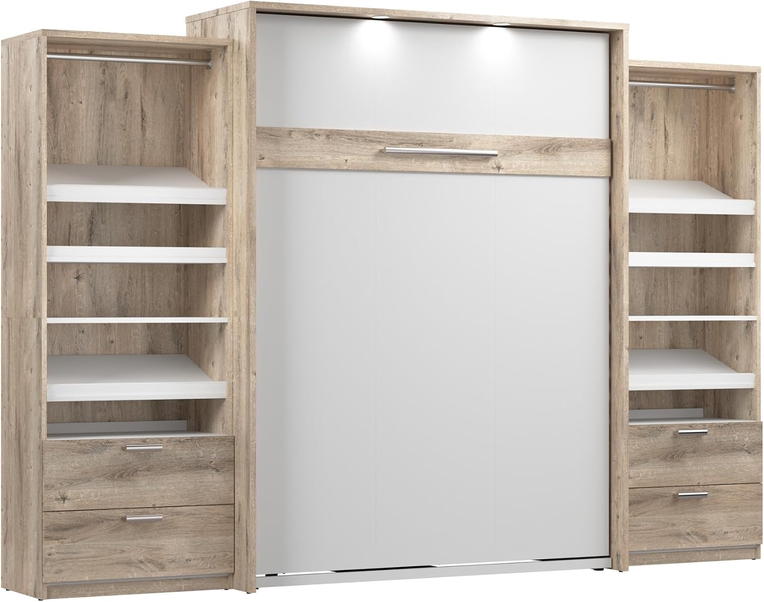 Bestar Cielo Queen Murphy Bed with 2 Closet Organizers with Drawers (125W) in Rustic Brown and White, Sleeping Arrangement for Multipurpose Room
