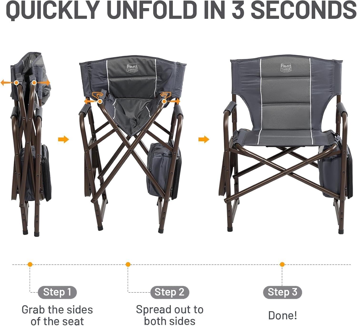 TIMBER RIDGE Lightweight Camping Chair, Portable Laurel Director's Chair with Foldable Side Table, Cooler Bag & Mesh Pocket, Compact Outdoor Folding Lawn Chair, Supports 300lbs, Grey