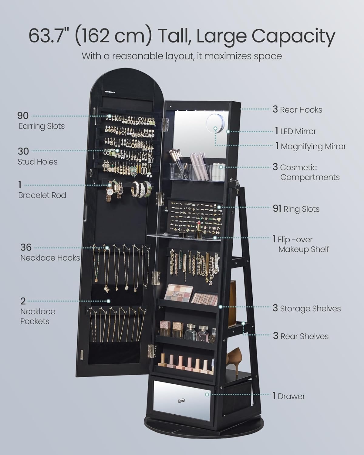 SONGMICS 360° Swivel Jewelry Cabinet, Full-Length Mirror, Lockable