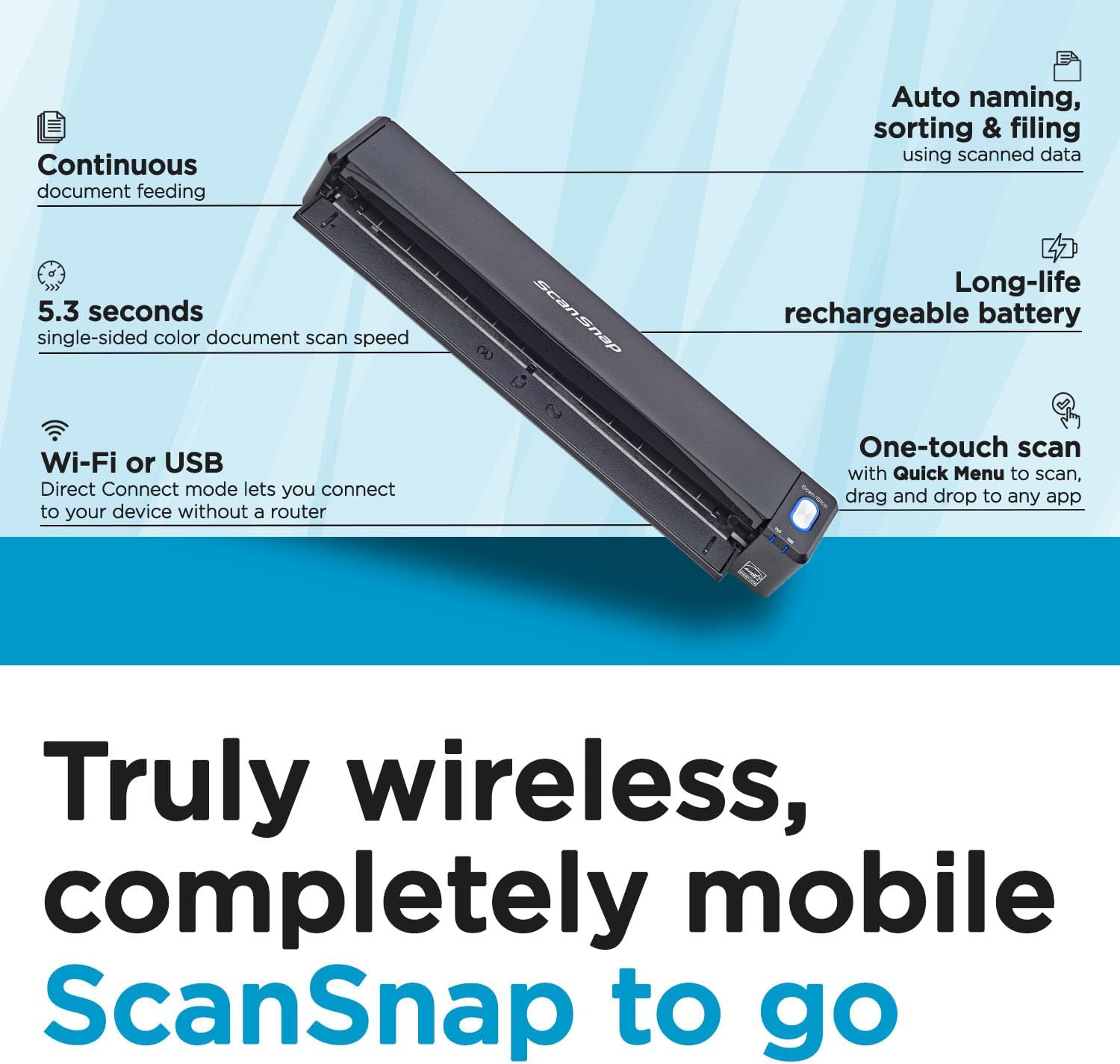 ScanSnap iX100 Wireless Mobile Portable Scanner, Black | For Mac or PC