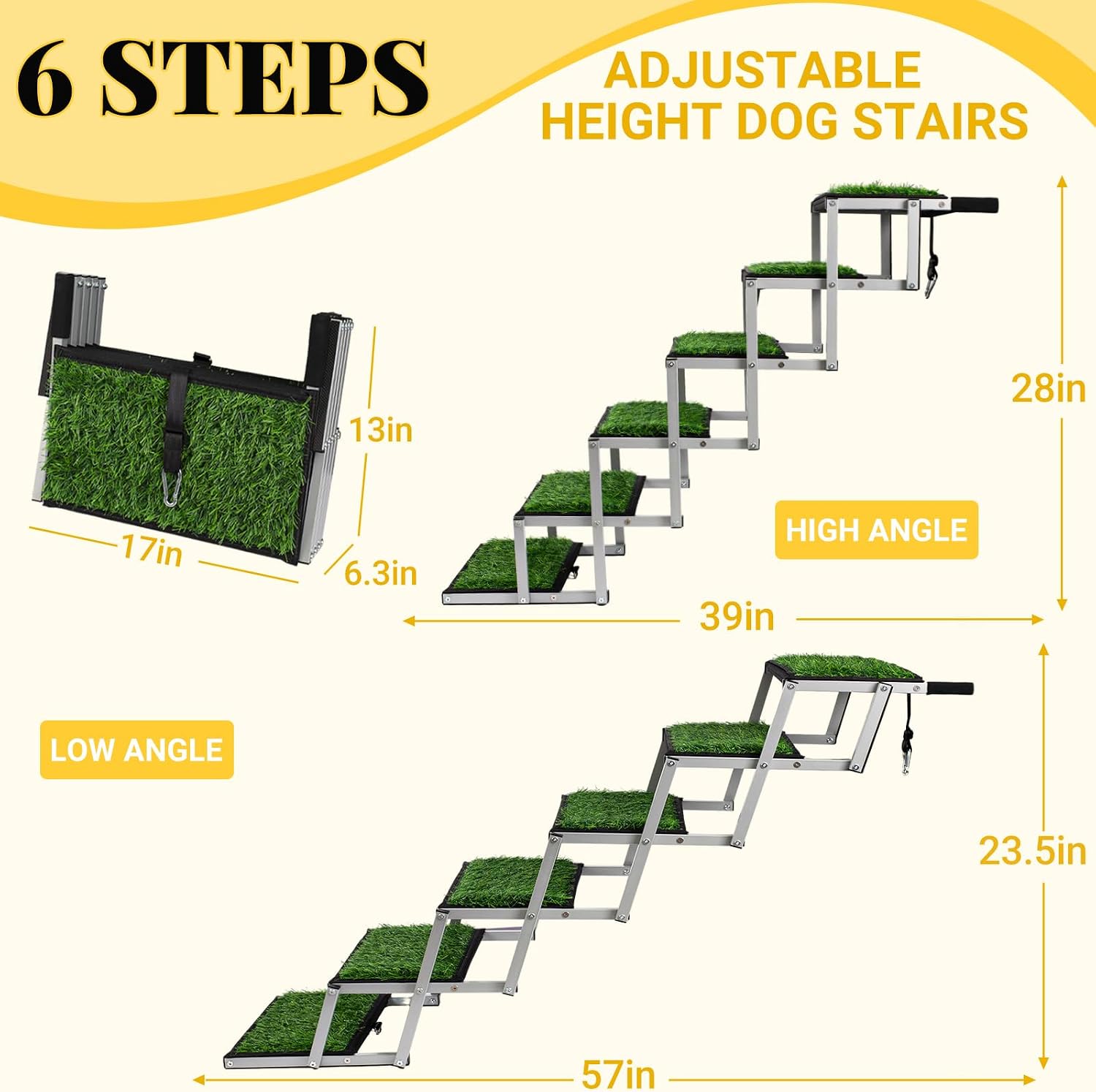 Foldable Dog Stairs for Car,17" Extra Wide Pet Ramp for Large Dog,6 Steps | 17" Extra Wide 200LBS Capacity Lightweight Portable Reinforced Pet Ramp for SUV Truck High Bed
