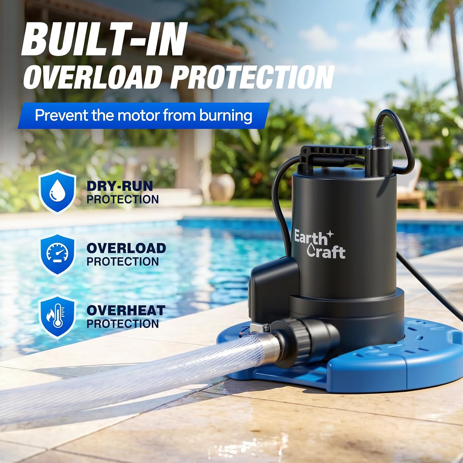 1/4 HP Pool Cover Pump, Automatic On/Off 2774 GPH Submersible Water Pump with 25FT Power Cord, Check Valve & Hose Adapters for Swimming Pools
