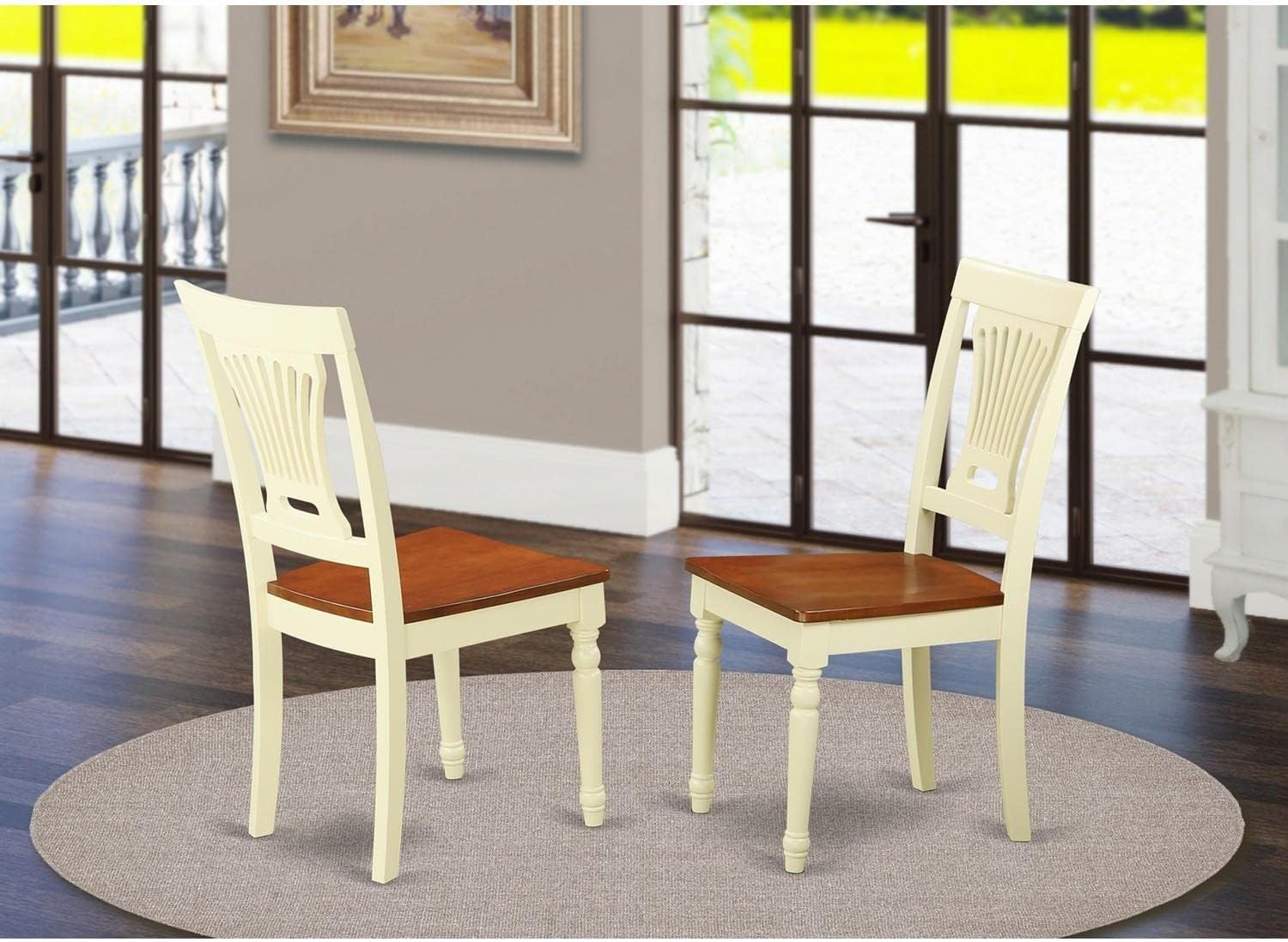 East West Furniture PVC-WHI-W Plainville Dining Chairs - Stylish Back Wood Seat Kitchen Chairs, Set of 2, Buttermilk & Cherry