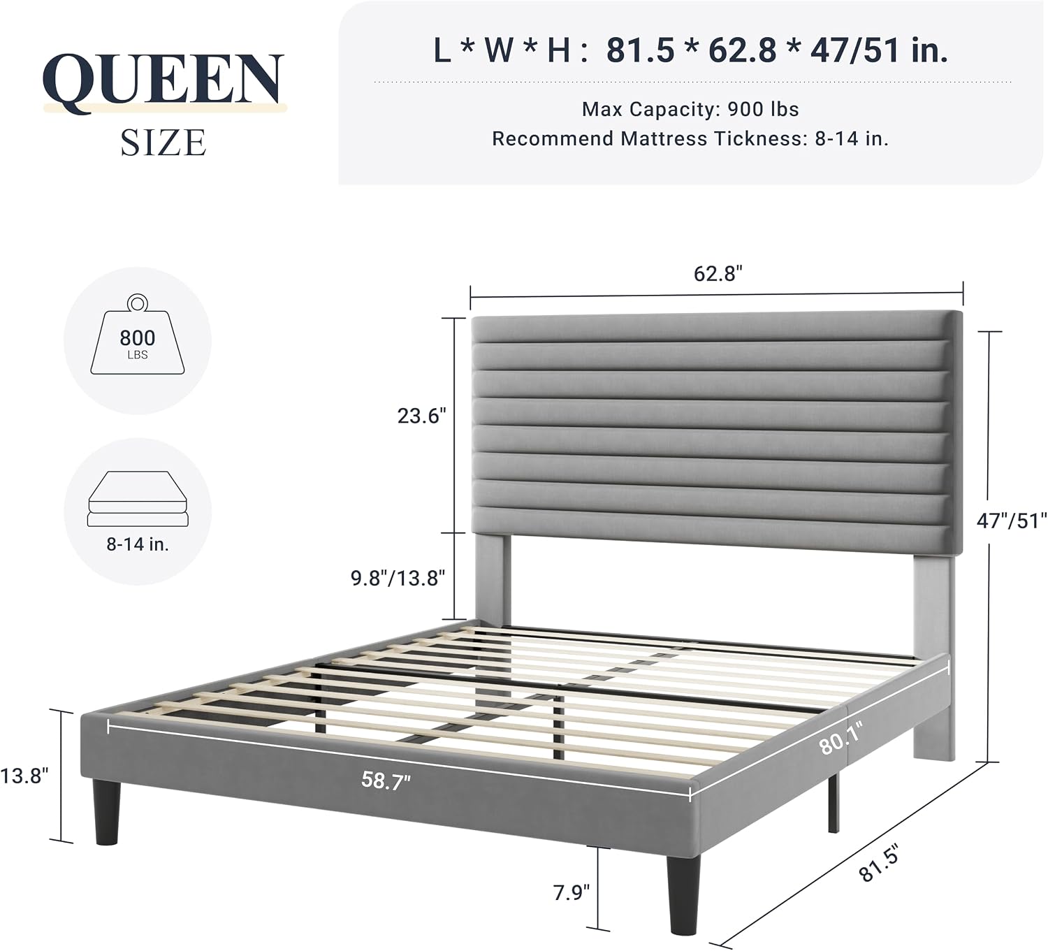 Allewie Queen Bed Frame, Velvet Upholstered Platform Bed with Adjustable Headboard, Horizontal Channel Design, Wood Slat Support, No Box Spring Needed, Noise Free, Easy Assembly, White