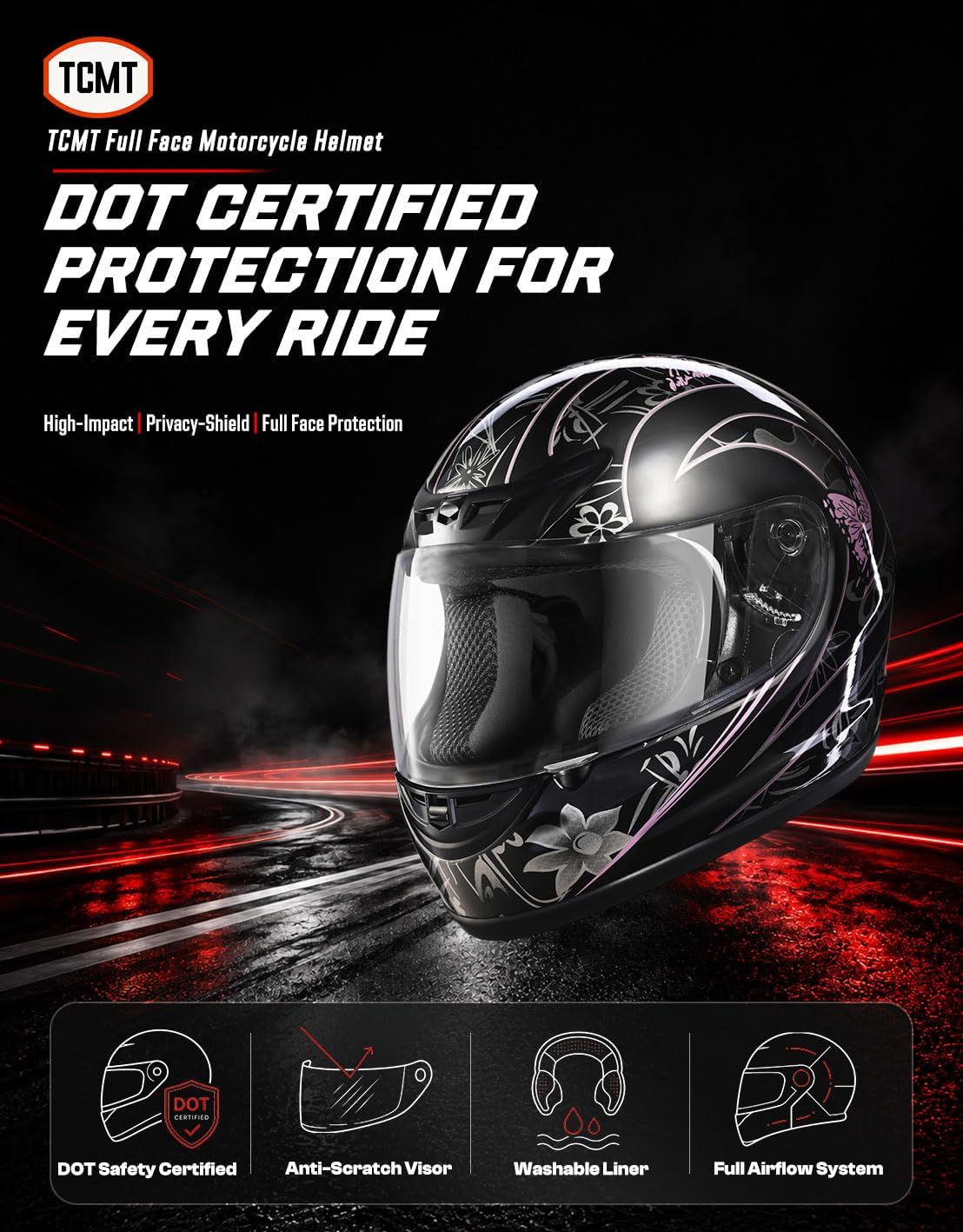 TCMT Full Face Helmet for Adult Men & Women, DOT Approved