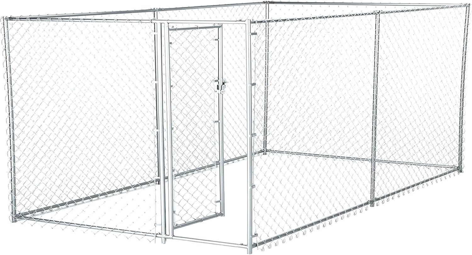 Lucky Dog 10' x 10' x 6' Heavy Duty Outdoor Welded Galvanized Steel Chain Link Dog Kennel Enclosure with 2 Configurations and Latching Door, Silver