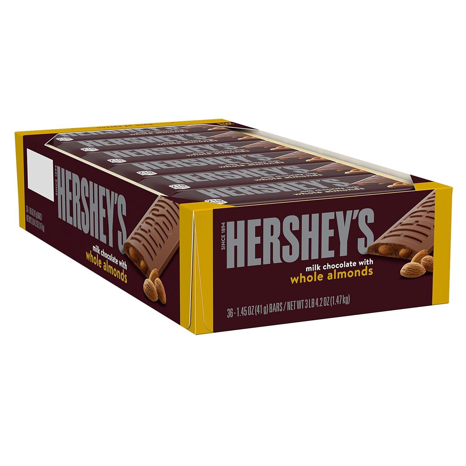HERSHEY'S Milk Chocolate with Whole Almonds Candy Bars, 1.45 oz (36 Count) | Hershey Chocolate Bars with Whole Almonds, Kosher and Gluten Free, Individually Wrapped Candy for S'mores and Sharing, 36 ct