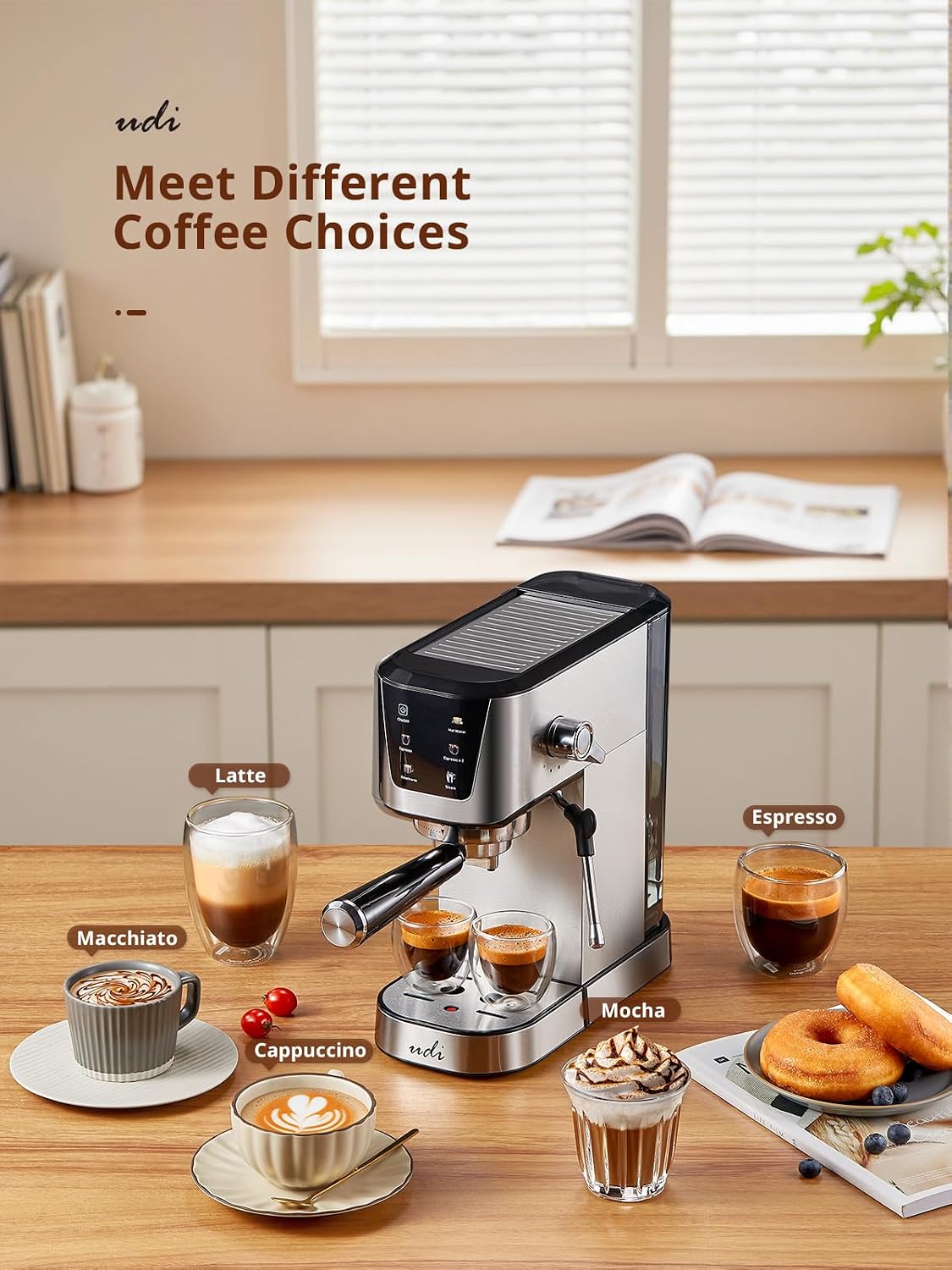 UDI Espresso Machines, 20 Bar Espresso Coffee machine | with LED Touch screen, for Lattes, Cappuccinos, Americano