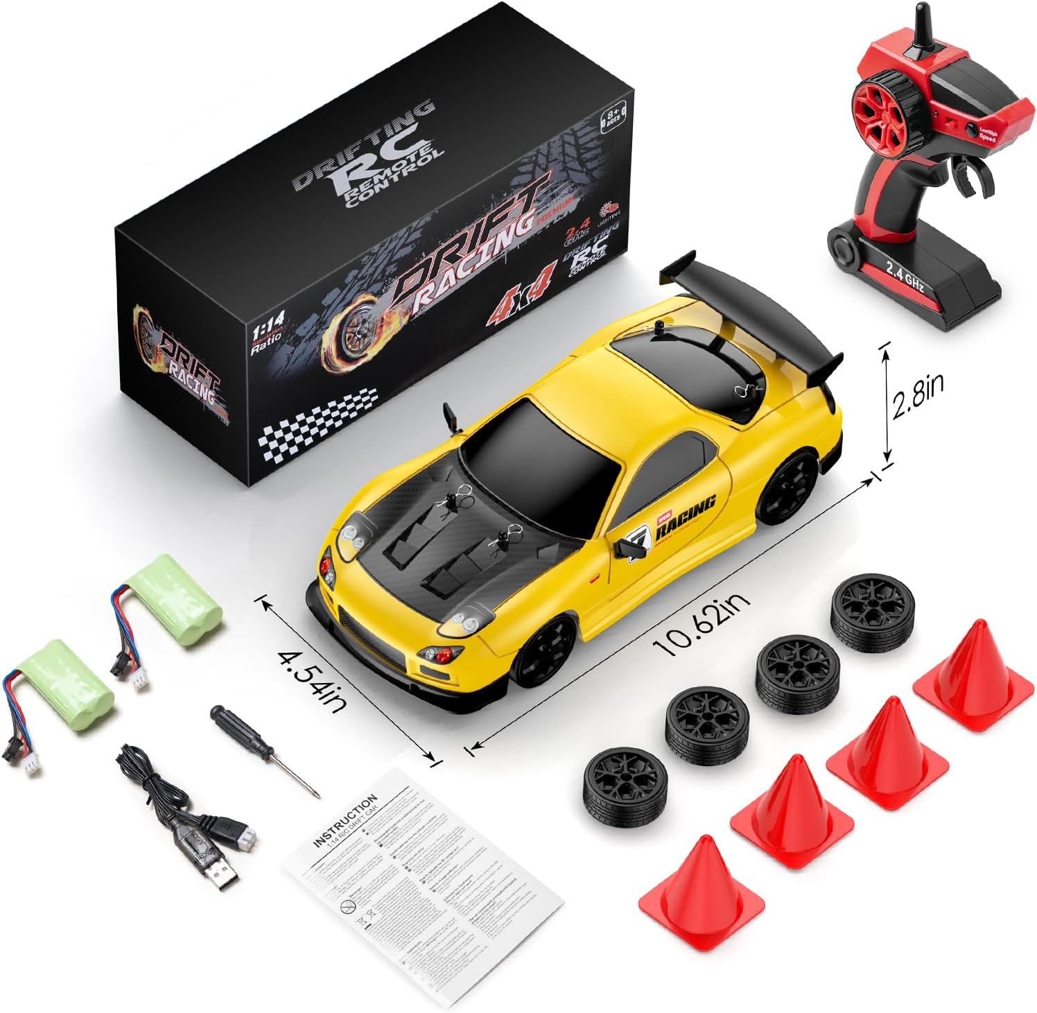 RC Drift Car, 1:14 4WD Drift Remote Control Car 2.4GHz 28km/h Drift RC Car, LED Lights,Racing and Drift Tires RTR for Teens, Kids, Boys