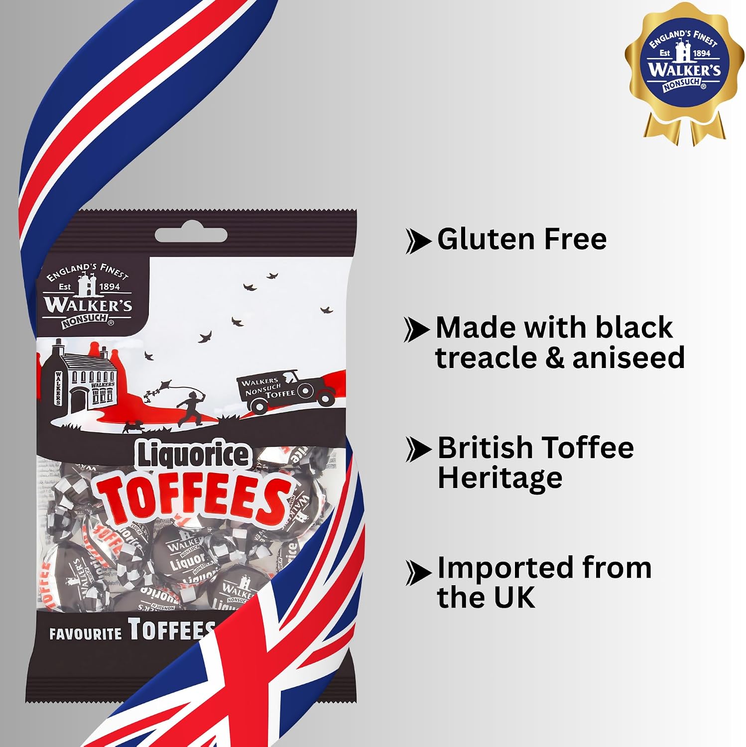 Walkers Nonsuch Liquorice Toffees Bag 5.29 Oz (Pack of 6) – Black Licorice Candy, British Chewy Toffee Candy, Old Fashioned Sweets
