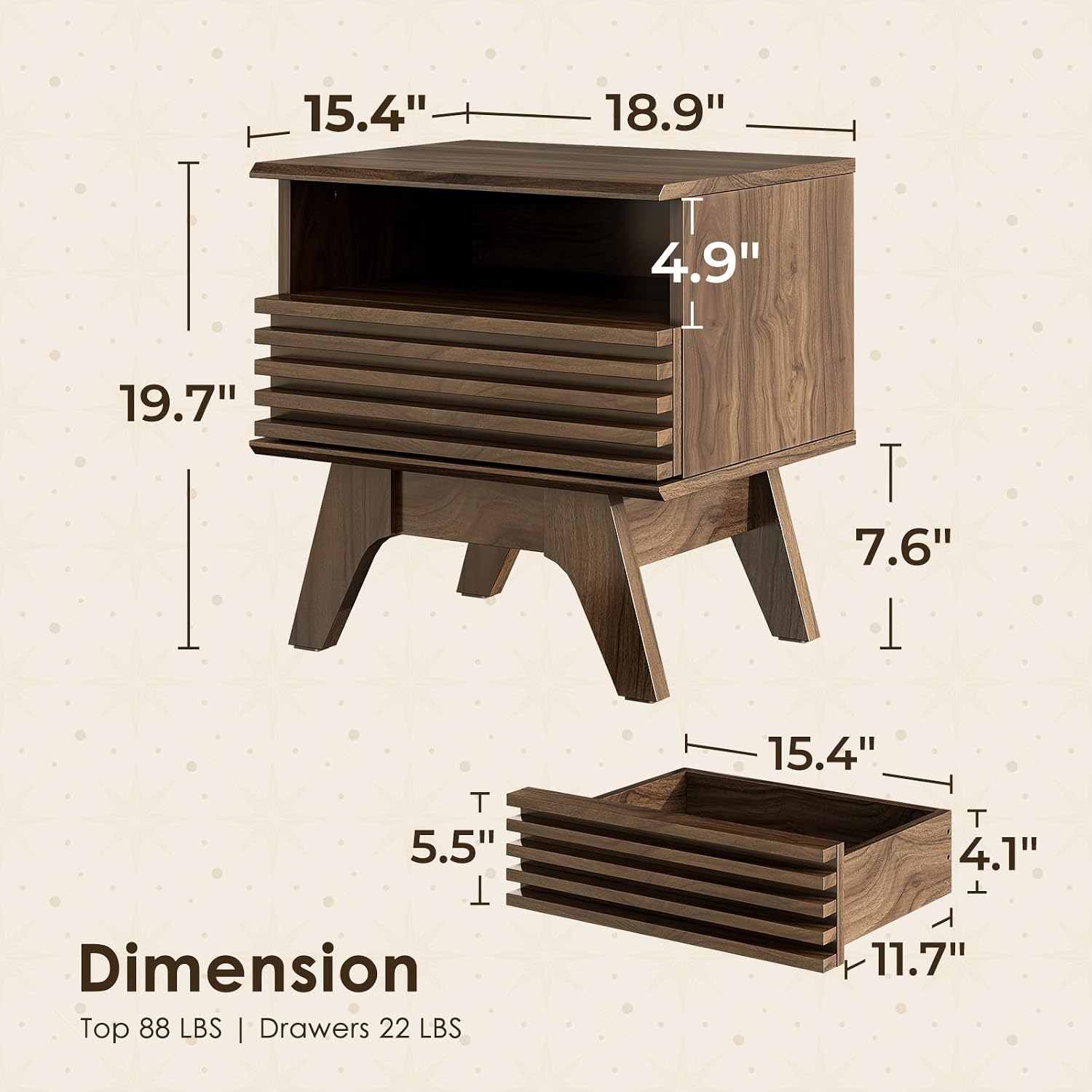 AODK 19 Inch Wide Fluted Nightstand Set of 2 with Drawer, Dark Walnut | Open Storage Shelf, Smooth Metal Slides, 4 Stable Legs