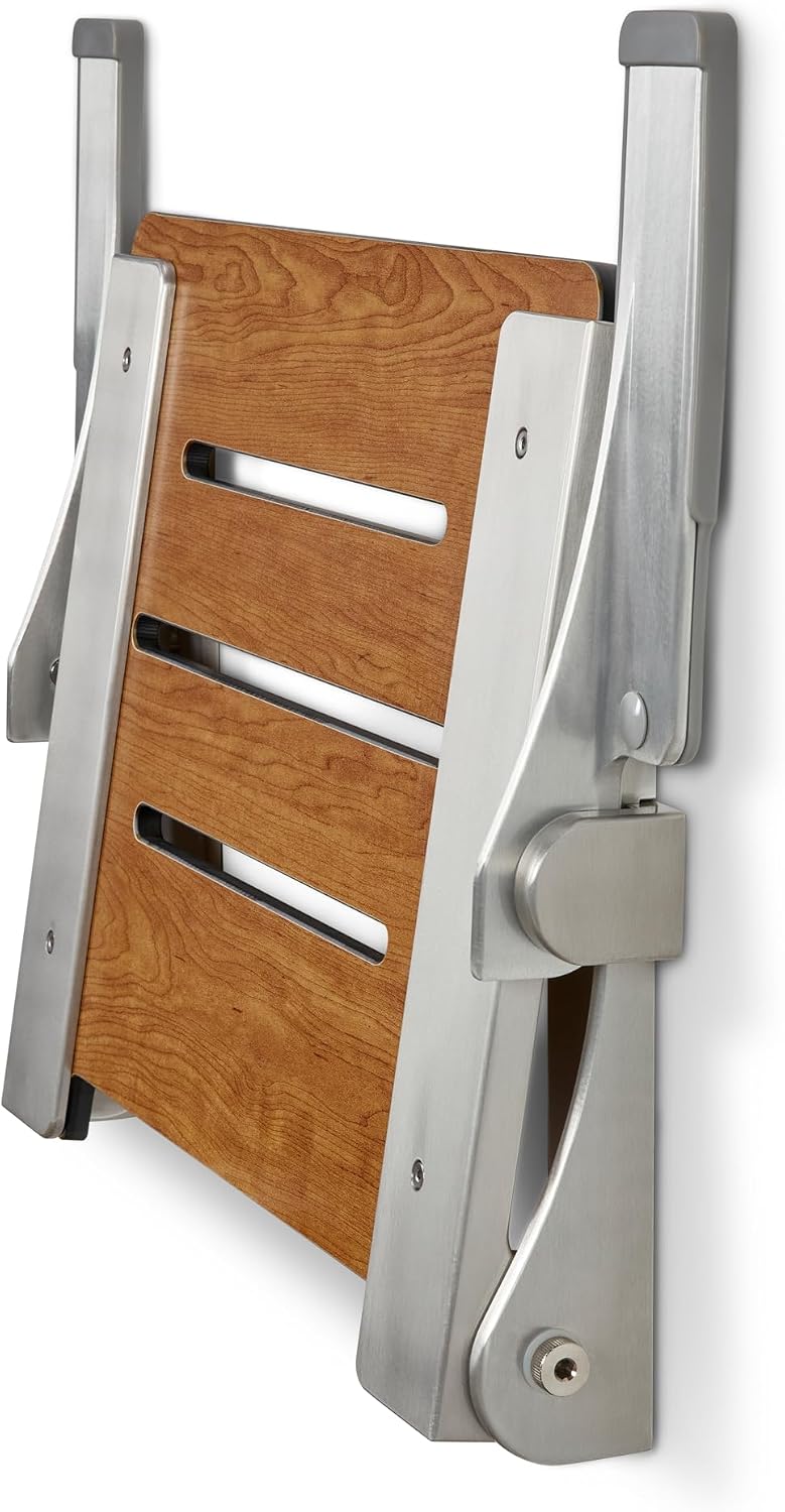 Seachrome Silhouette Comfort Folding Wall Mount Shower Bench Seat with Arms, Teak Seat with Silver Frame
