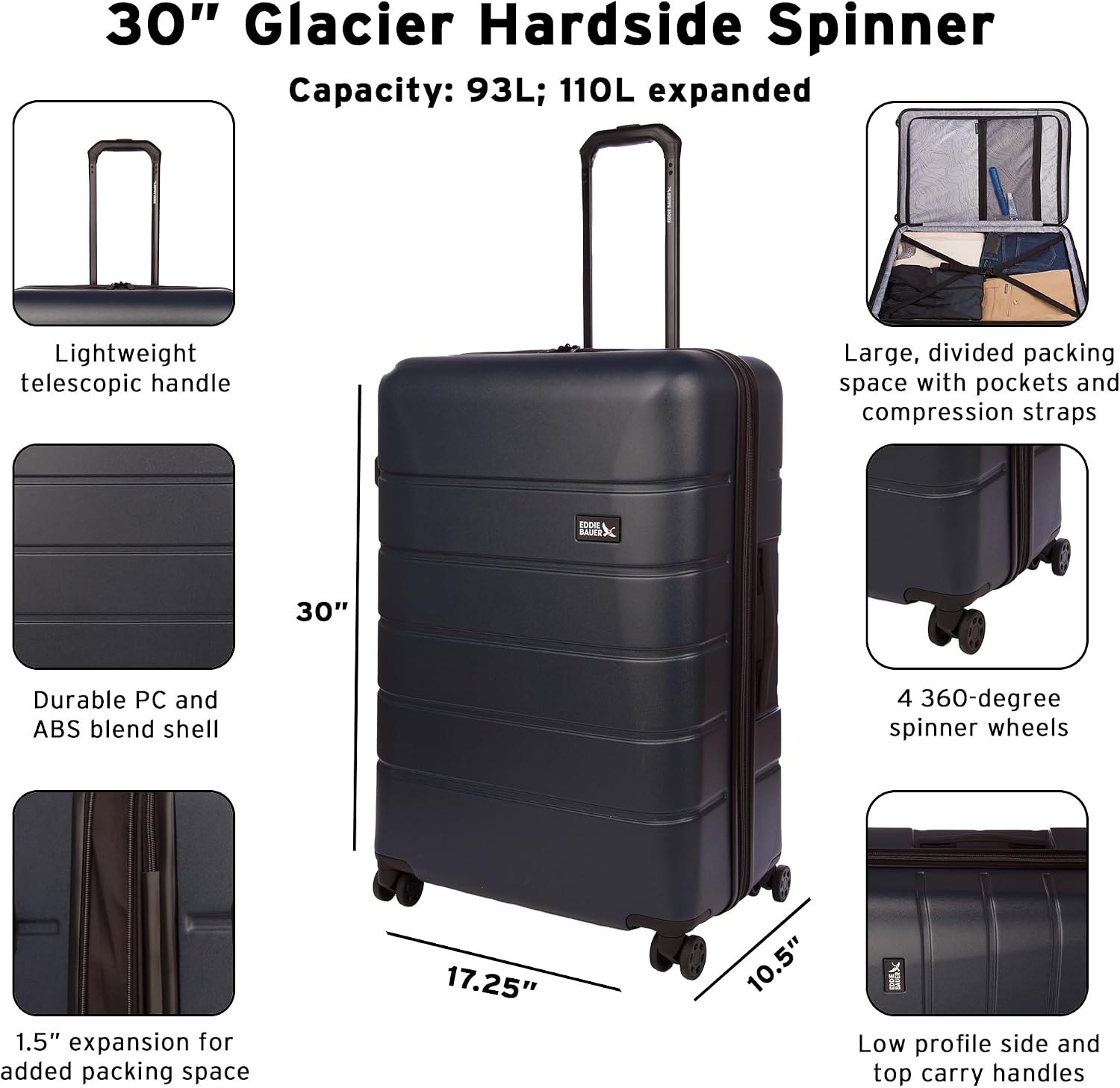 Eddie Bauer Glacier Checked 30" Luggage | Hardside | Spinner Wheels | Expandable | Lightweight | Travel Essentials - Sprig Green