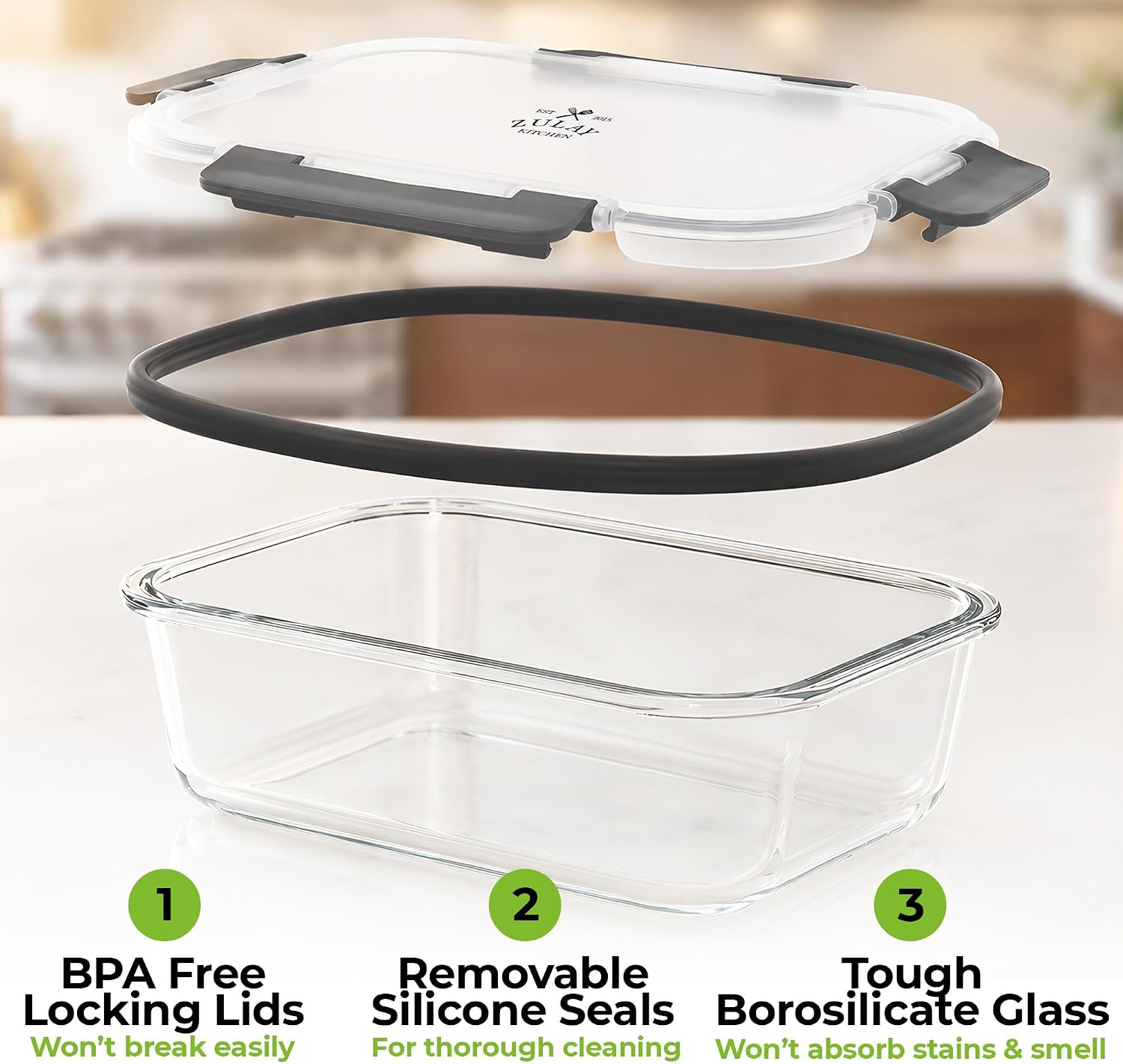 Zulay Kitchen 5 Piece Large 36oz Glass Storage Container Sets with Lids - Premium BPA Free Borosilicate Glass Food Storage Containers - Leak-Proof
