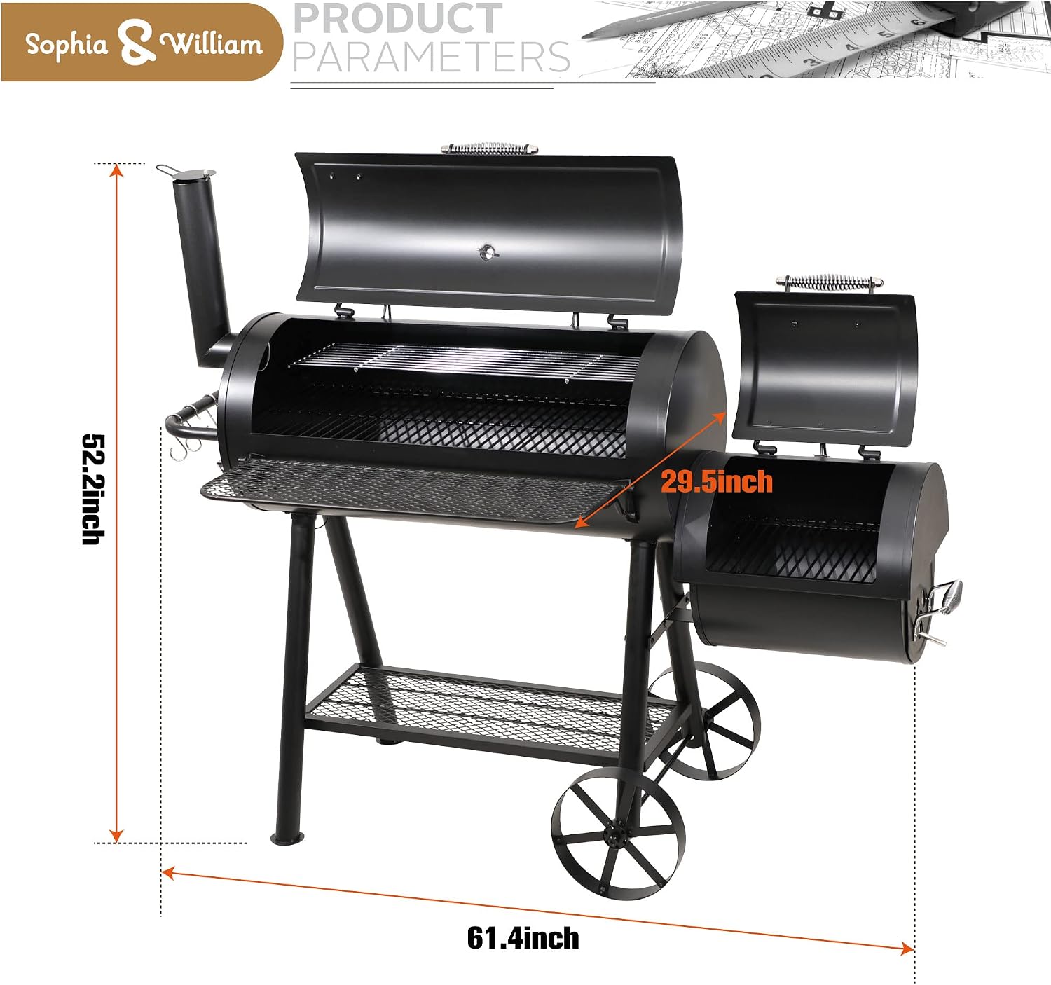 Sophia & William Vertical Offset Charcoal Smoker 961 SQ.IN. Cooking Area | Extra Large Heavy-Duty Outdoor BBQ Gill Offset Smoker with Warming Tray, Push-out Ash Tray for Outdoor Cooking, Black