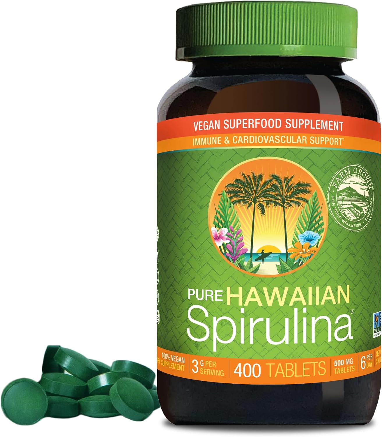 Nutrex Hawaii Pure Hawaiian Spirulina Tablets, Vegan, 500 mg, 400 Count | Spirulina Farm Grown in Kona, Hawaii, Non-GMO, Glyphosate Residue Free, 3rd Party Tested, 60% Protein, Superfood Supplement