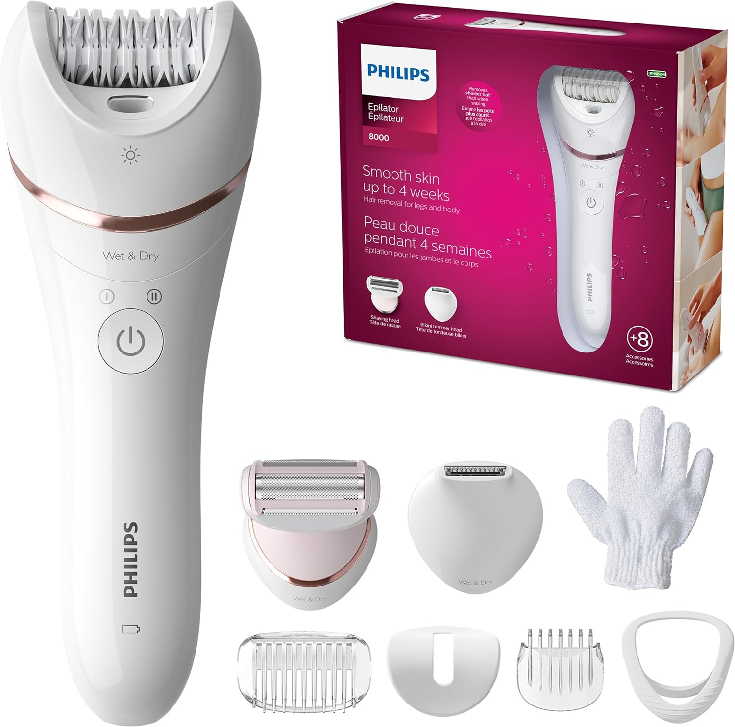 Philips Epilator Series 8000 for Women, with 3 Accessories, BRE700/04