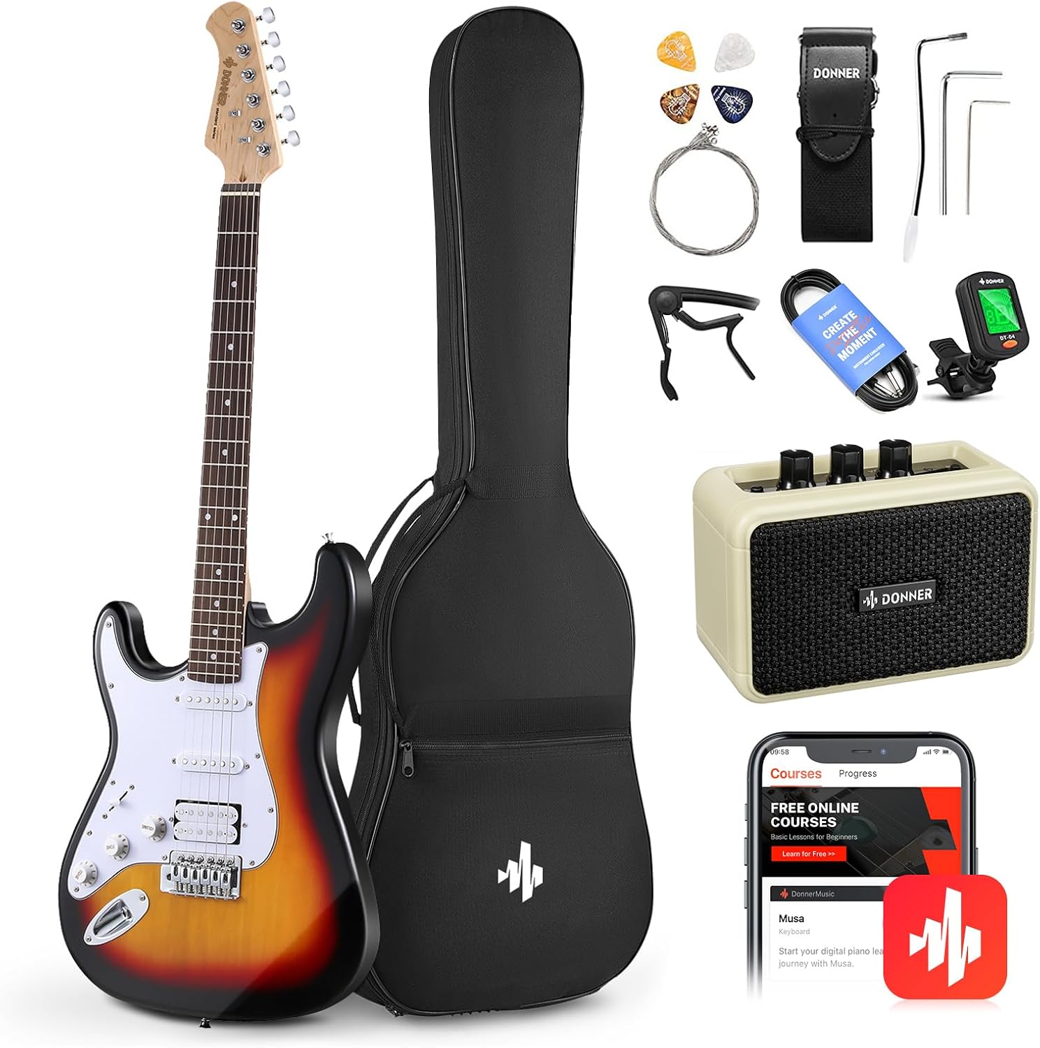 Donner 39-Inch Electric Guitar Starter Kit with Solid Body, HSS Pickup, Accessories, Amplifier, Lessons, and Digital Tuner - Red