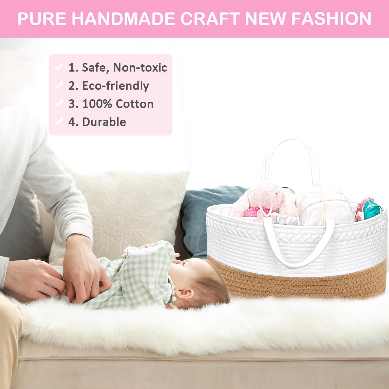 ABenkle Baby Diaper Caddy, Nursery Storage Bin and Car Organizer for Diapers and Baby Wipes, Cotton Rope Diaper Basket Caddy
