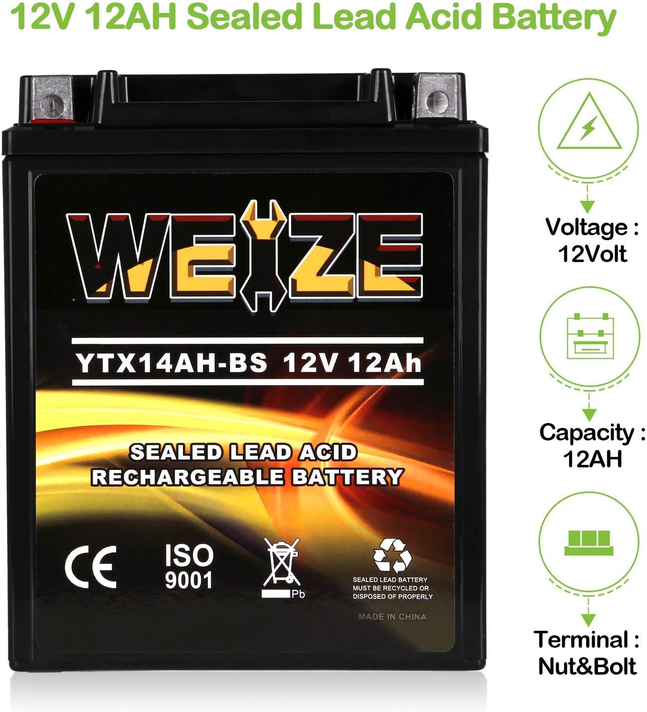 Weize YTX14 BS ATV Battery High Performance - Maintenance Free - Sealed AGM YTX14-BS Motorcycle Battery compatible with Honda Suzuki Kawasaki Yamaha scooter snowmobile