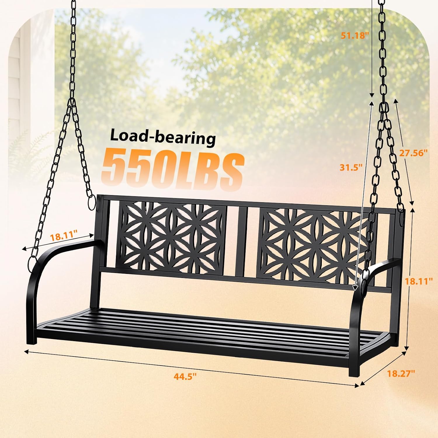 VINGLI Heavy Duty Metal Porch Swing, 660 LBS Outdoor Swing Bench, Curved