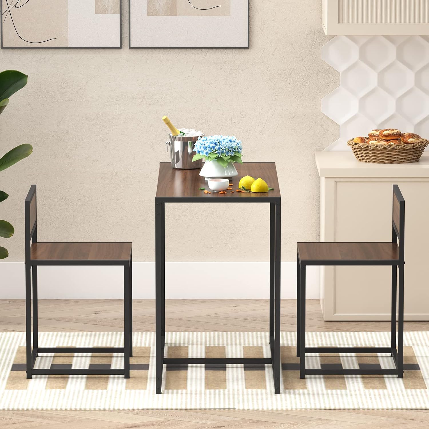 soges 3 Piece Dining Set for 2, Small Dining Table Set with 2 Chairs, Walnut Kitchen Table for Small Spaces, Breakfast Nook Set