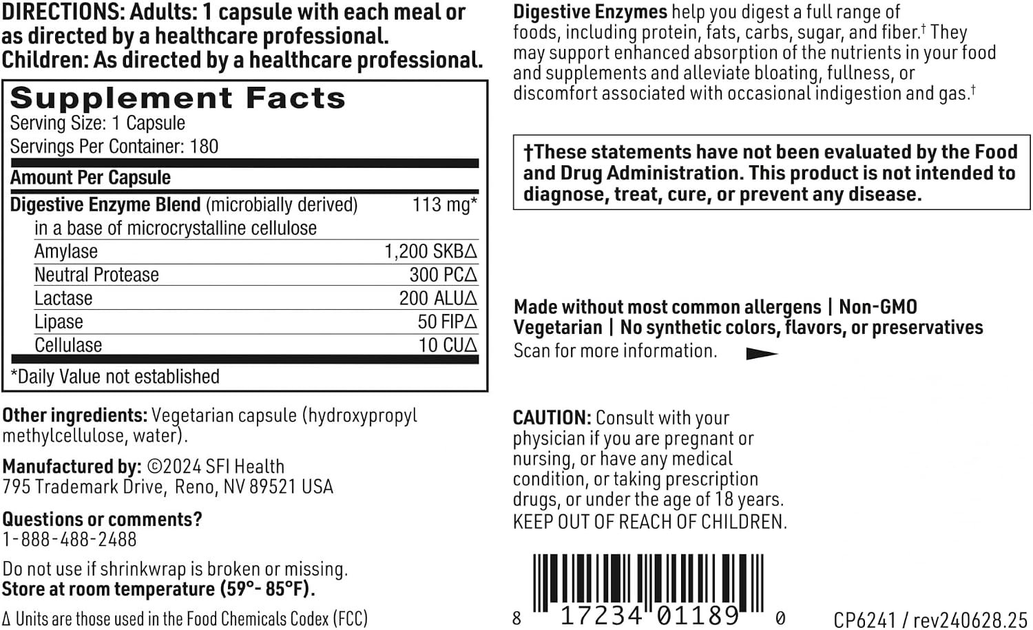 Klaire Labs SFI Health Digestive Enzymes, 180 Capsules | Gut Health Supplements with Lipase, Amylase & Protease Enzymes for Digestion