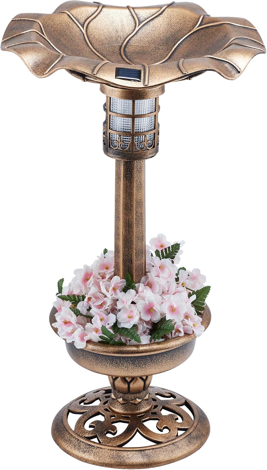 Alpine Corporation | 31" Tall Outdoor Birdbath with 2 Bird Figurines — Shallow and Wide Bird Feeder, Bronze Garden Accent