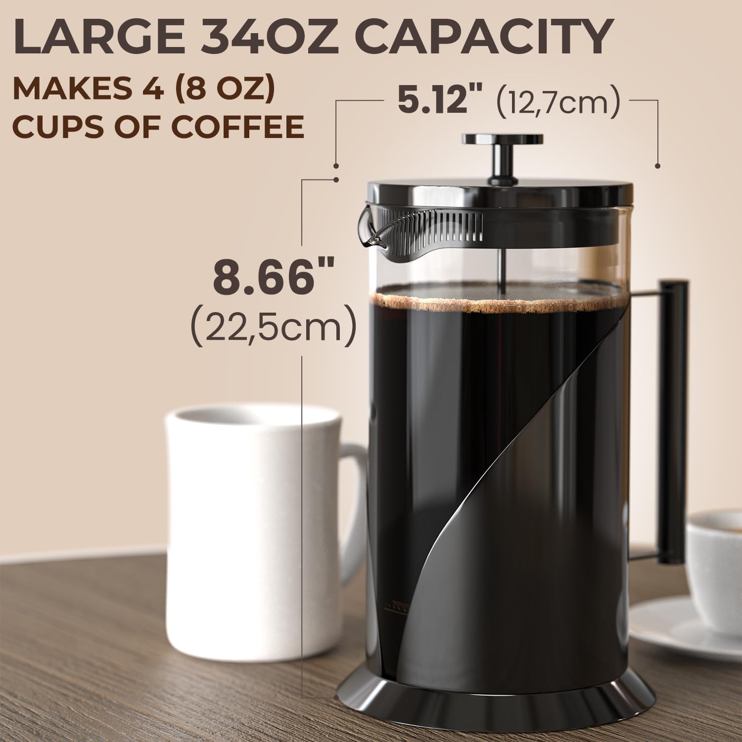 Cafe Du Chateau French Press Coffee Maker, 34 oz Glass, Stainless Steel | Easy Brew, Durable Clear Glass, 4-level Filtration, 34 oz Capacity, Coffee Press for Camping, Tea Brewer, BPA-Free Materials