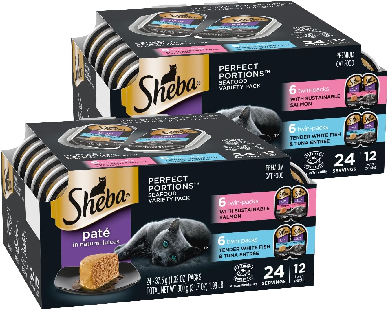 Sheba Perfect Portions Pate Wet Cat Food, Seafood Pack, 2.6 oz, 12 ct, 2pk | Grain-free, made in USA, Salmon & Whitefish-Tuna, 48 servings total, sustainable seafood, twin-pack trays