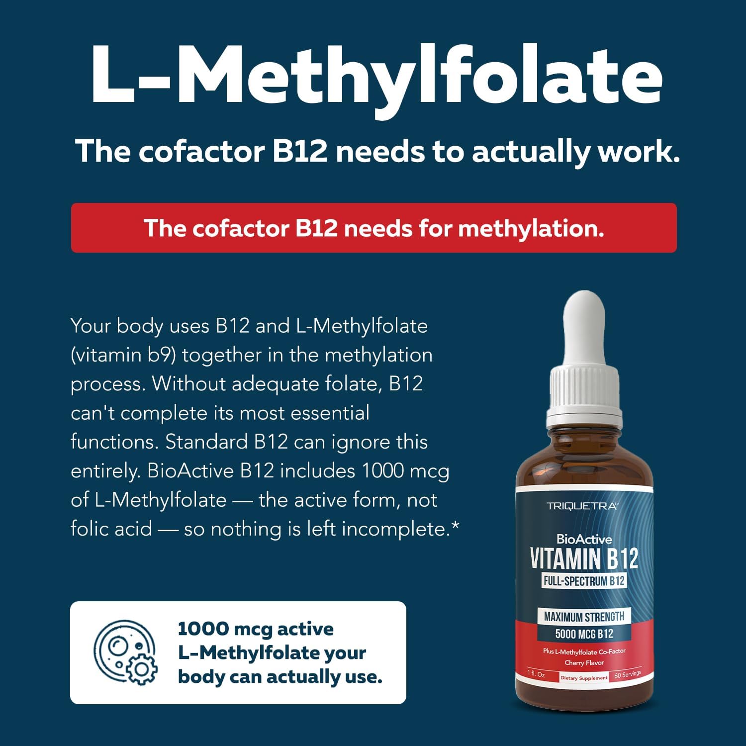 BioActive Vitamin B12 5000 mcg | 3 BioActive Forms Plus Methylfolate Cofactor - Methylcobalamin, Adenosyl & Hydroxy | Sublingual Liquid Drops