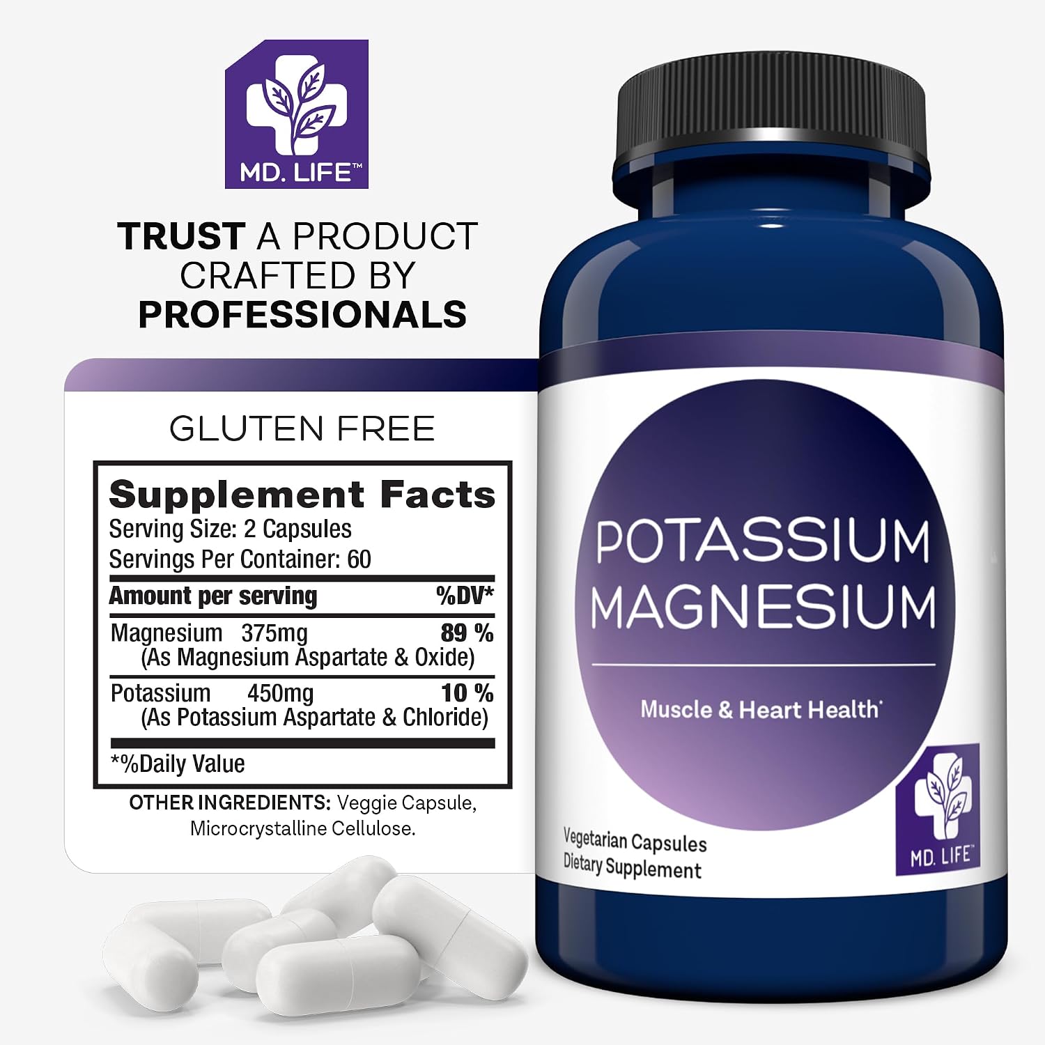 MD. Life Potassium Magnesium Supplement, High Absorption, 90 Capsules | Chelated Mineral Complex - Supports Vascular Health and Leg Cramp - Doctor Designed - Made in the USA - Non-GMO, Vegetarian