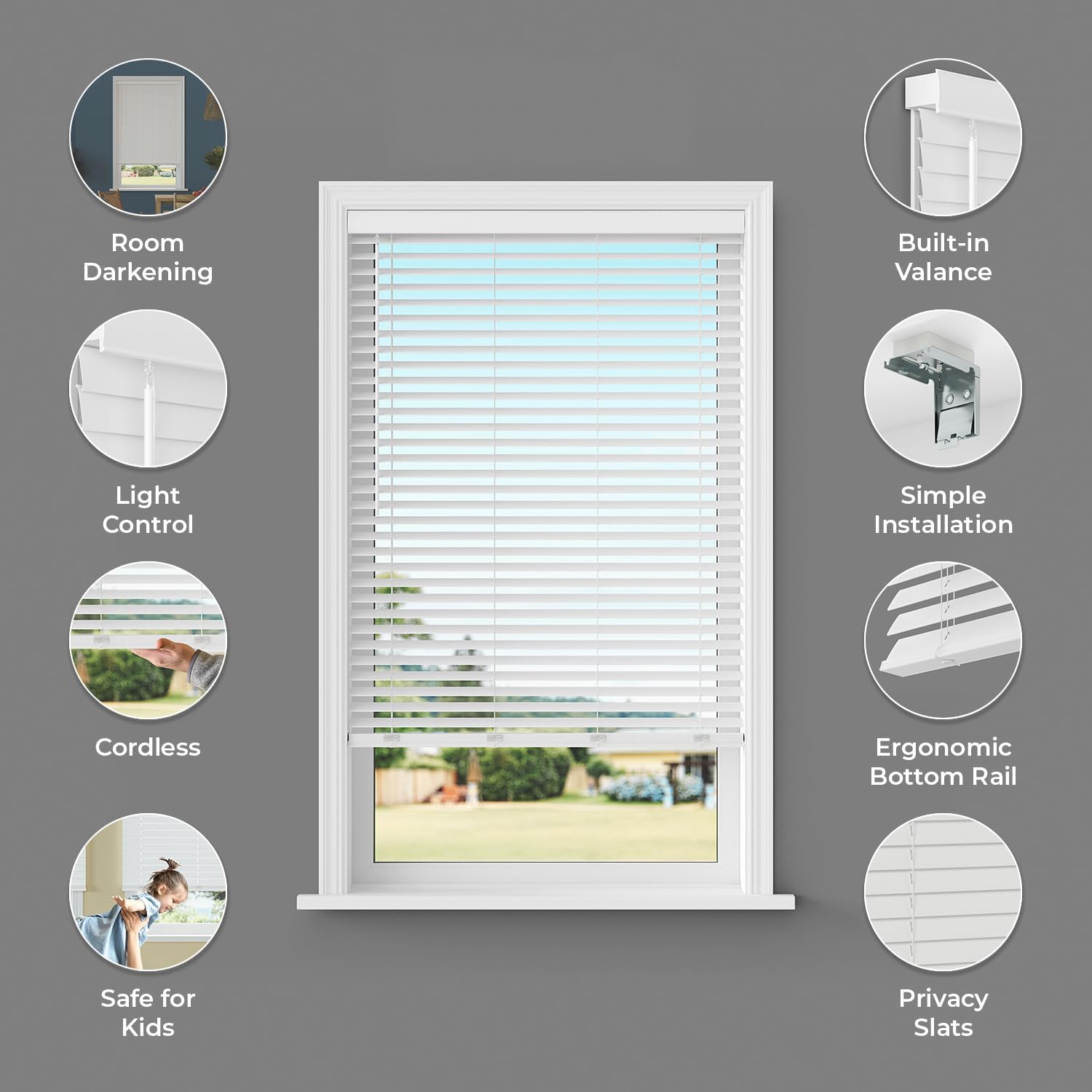 Lumino 2" Flat Slat Faux Wood Blinds, 34" W x 60" L White | Cordless, Built in Valence for Easy Installation, Custom Sizes