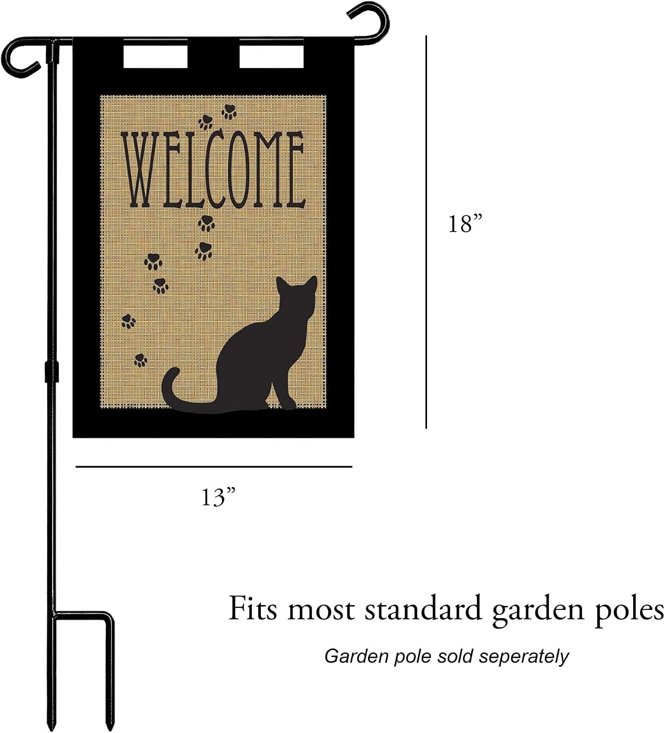 Welcome Black Cat Silhouette Paws Burlap 18 x 13 Rectangular Applique Tab Top Small Garden Flag