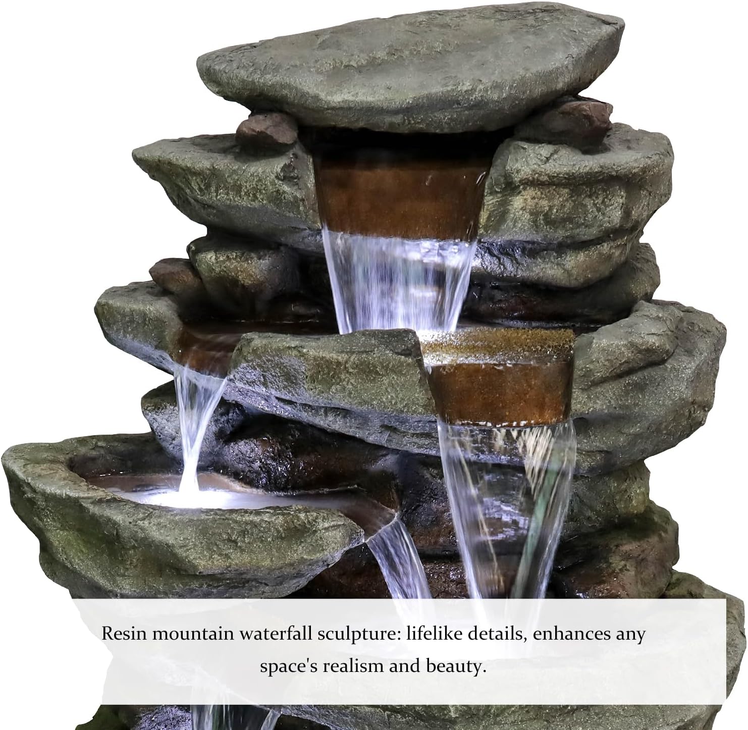 SunJet 40.5” High Rocks Outdoor Water Fountain - 6-Tiers Cascading Waterfall with LED Lights, Soothing Tranquility for Home Garden, Yard Decor