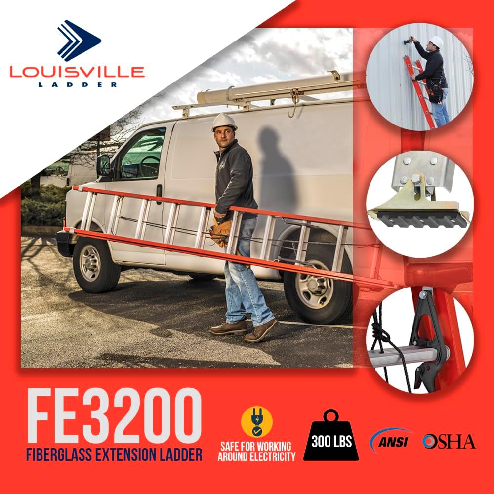 Louisville Ladder 16-foot Fiberglass Extension Ladder, 300-Pound Load Capacity, Type IA, FE3216