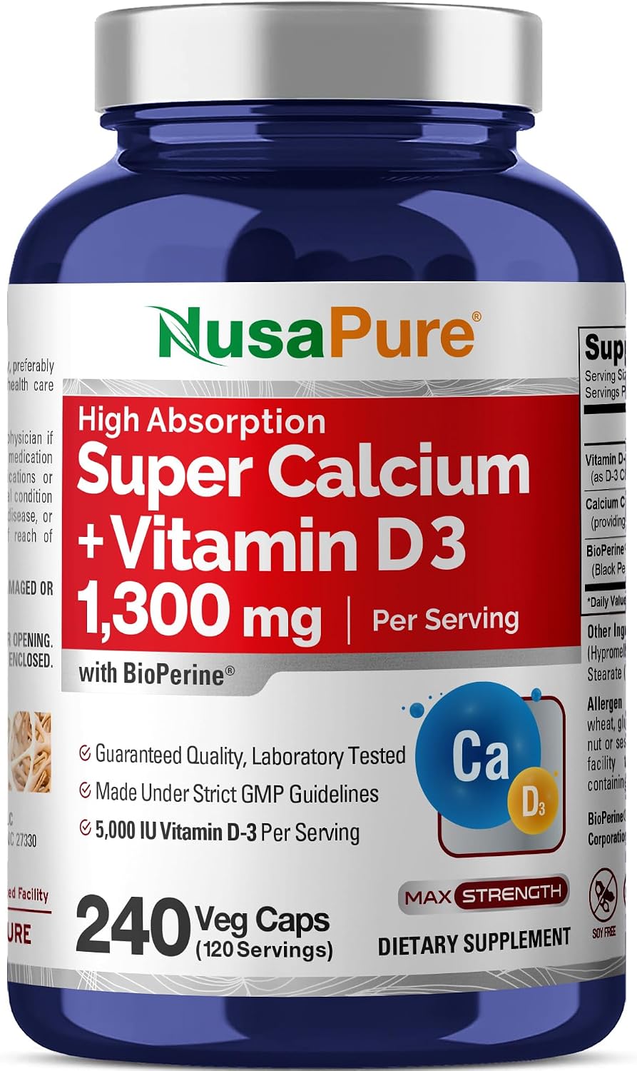 Super Calcium with Vitamin D3 Non GMO 1300 mg 240 Veg Capsules -120 Serves | Calcium Citrate Complex, Supports Nutritional Supplementation, Vegan
