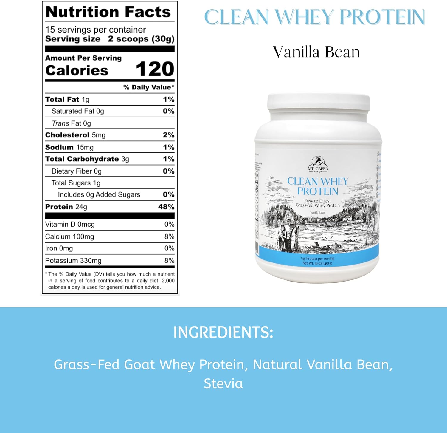 Mt. Capra Clean Whey Protein | Grass-Fed Undenatured Goat Whey Protein Powder | 24 g Protein Per Serving, All Natural, Non-GMO, High in Branch Chain Amino Acids | Unsweetened | 15 Servings - 16 oz
