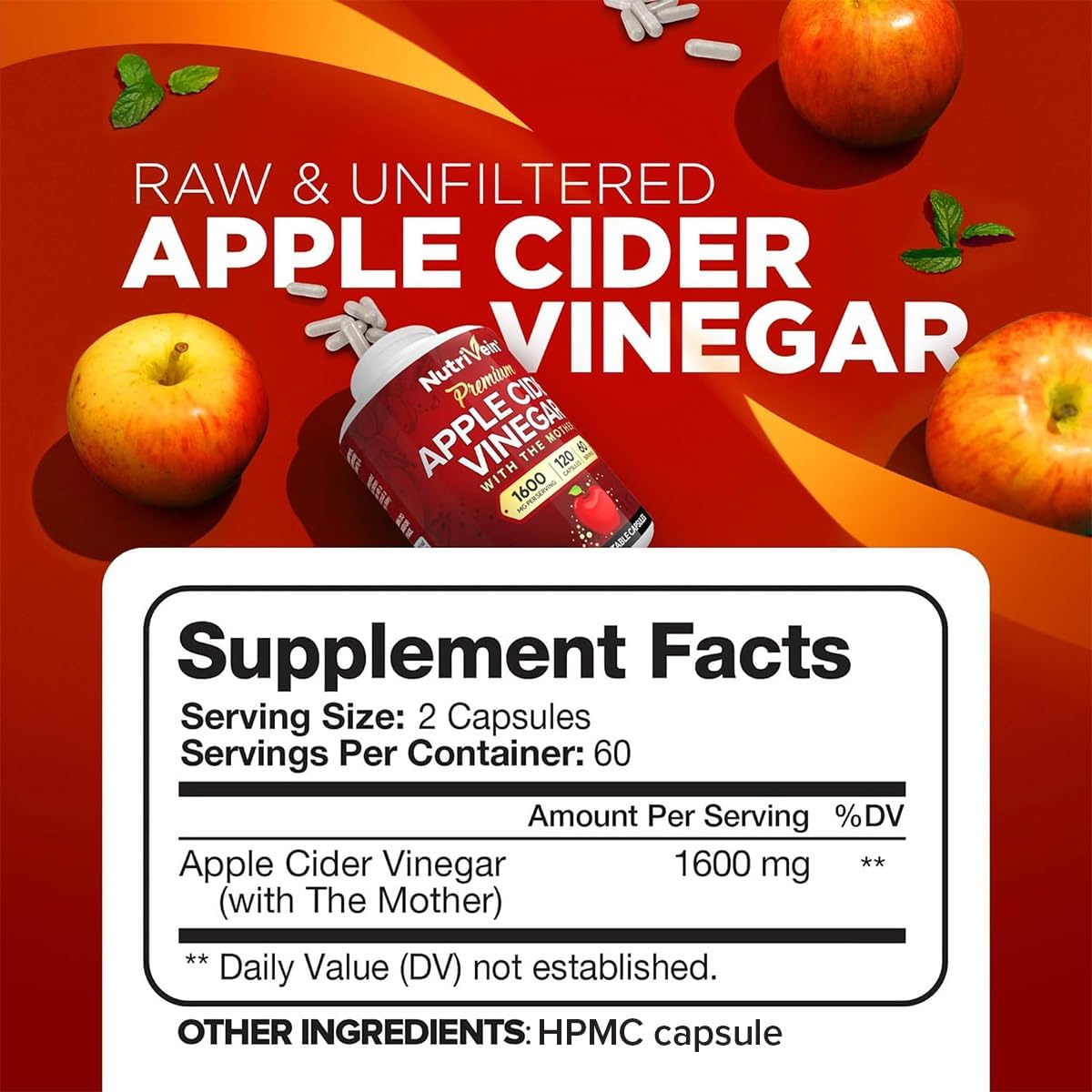 Nutrivein Apple Cider Vinegar Supplement with Mother 1600 mg - 120 Capsules | Unfiltered ACV pills for men and women. Supports digestion
