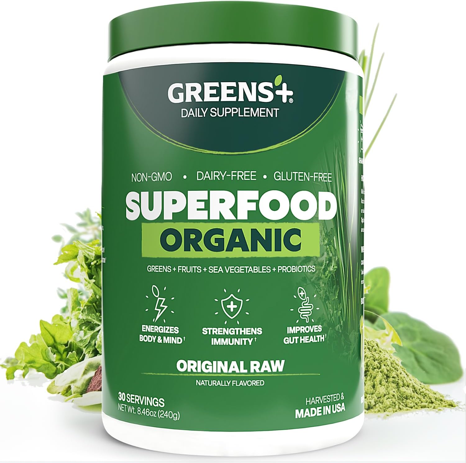 Greens+ Organic RAW Superfood Powder, Dietary Supplement | 8.46oz | Energy Boost | Super Blend Immune Support, Morning Kick, Nutrition Vibrant Health, Vegan, Soy Free | Dairy Free | Gluten Free