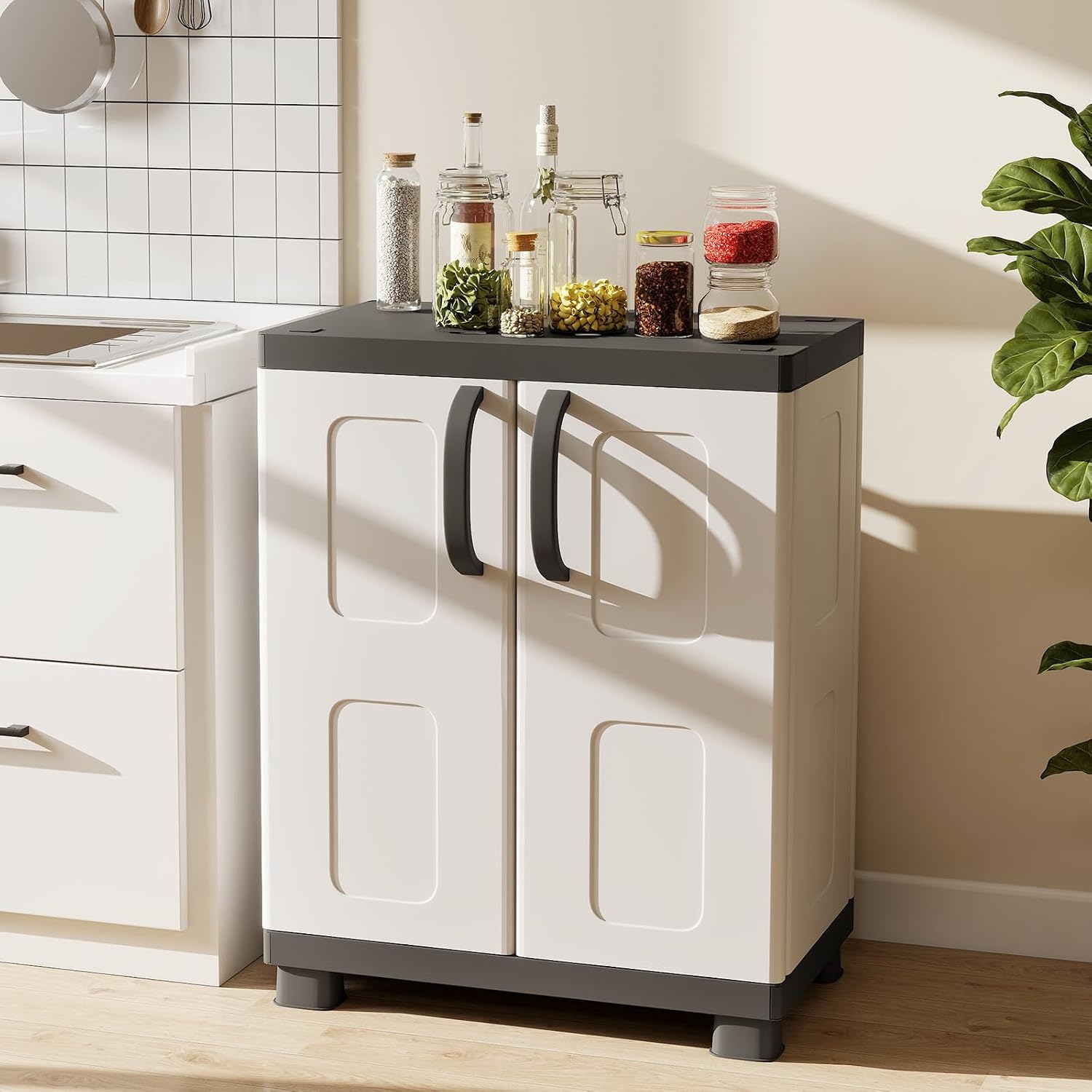 GIANTEX Storage Cabinet with 2 Doors and Adjustable Shelves, Modern Plastic Base Garage Organizer, Floor Sideboard for Kitchen, Dining Room, Bathroom (Wide-29"x19"x37",White+Brown)