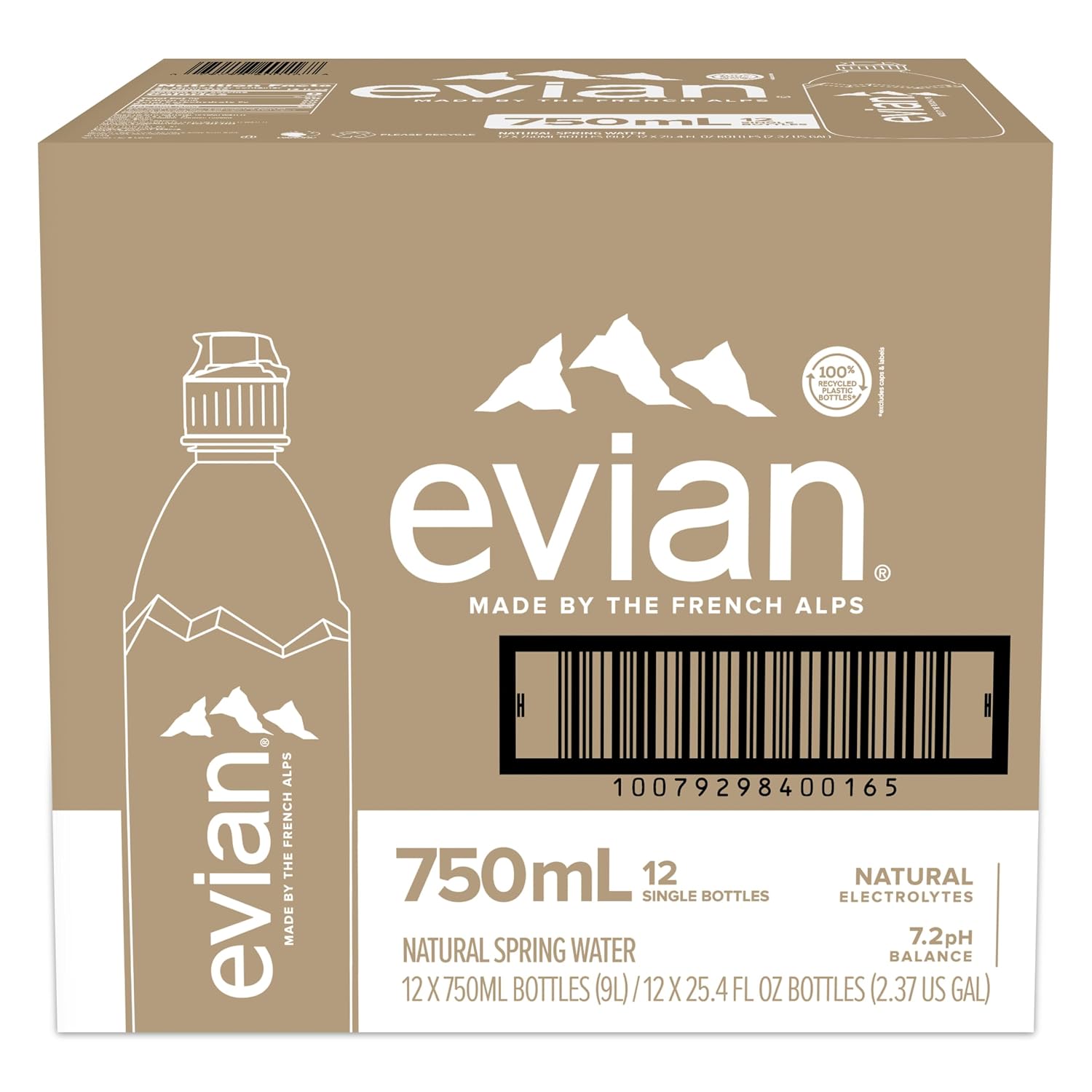 evian Natural Spring Water, 750 ml (25.36 fluid ounce) Water Bottle with Sports Cap, 12 Pack