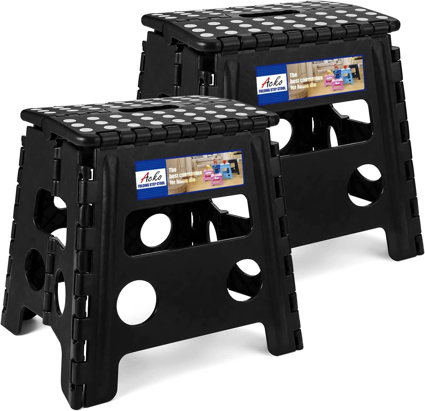 ACKO 13 Inch Folding Step Stool, Holds 300 lb for Adults and Kids, Black | Collapsible Heavy Duty Foldable Stools, Portable Non-Slip Foot Stepping stool, Kitchen Bathroom Bedroom Outdoor with Handle