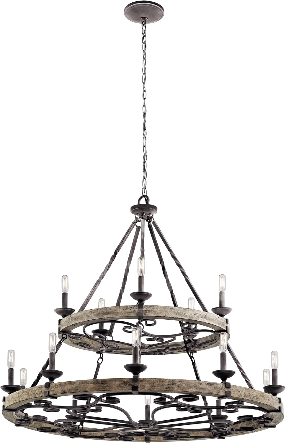Kichler Taulbee 15-Light 2-Tier Chandelier, Weathered Zinc | Two-tier chandelier with weathered gray wood accents (44" x 38.75"), 43826WZC