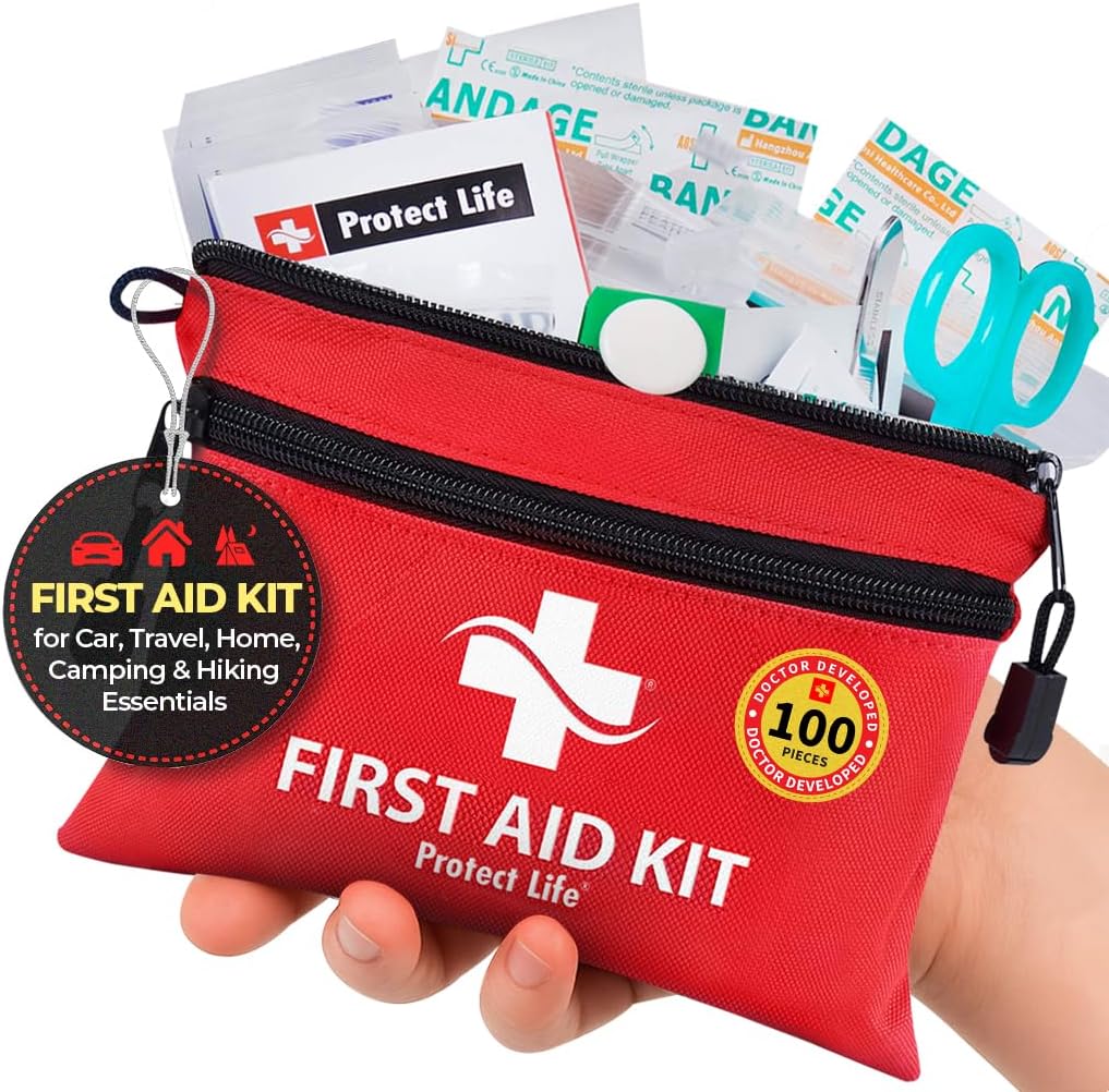Protect Life Travel First Aid Kit for Car - Small Mini Emergency Kit, 100 Piece Waterproof First Aid Kit for Home, Camping, Boat & Hiking - Includes Emergency Blanket & First Aid Guide