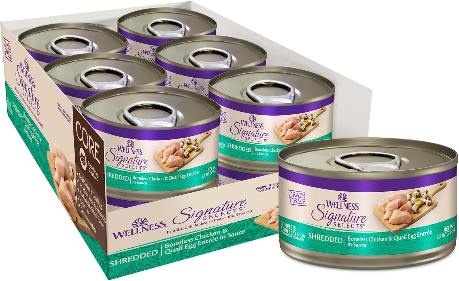 Wellness CORE Signature Selects Shredded Adult Canned Wet Cat Food, Natural, Protein Rich, Grain Free, Chicken Entrée Recipe, 2.8 oz, Pack of 12 Cans