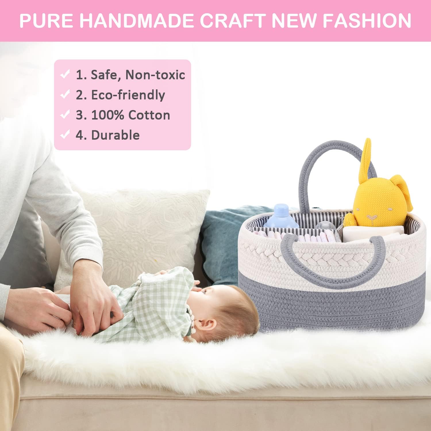 ABenkle Baby Diaper Caddy, Nursery Storage Bin and Car Organizer for Diapers and Baby Wipes, Cotton Rope Diaper Basket Caddy
