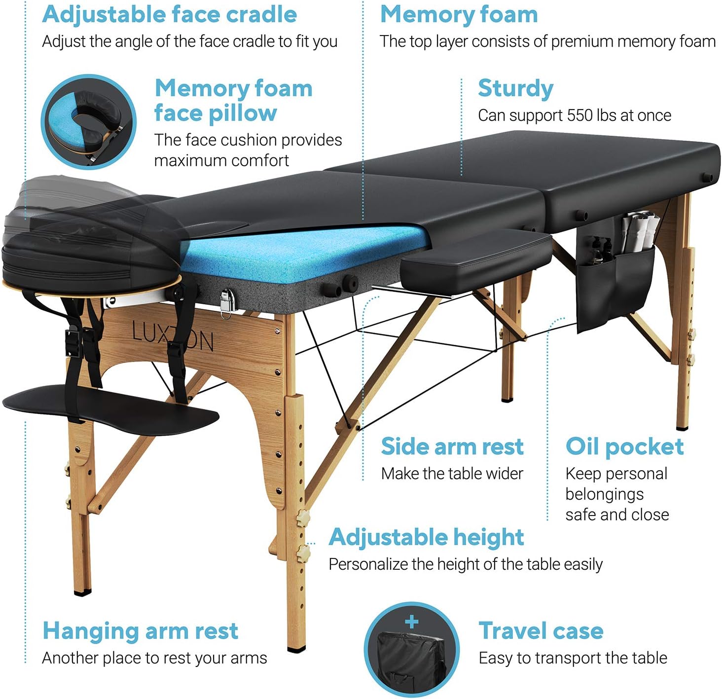 Memory Foam Massage Table Premium Portable Foldable Massage Bed Height Adjustable 72 Inches Long 27 Inches Wide Home Salon Spa Bed Tattoo Table with